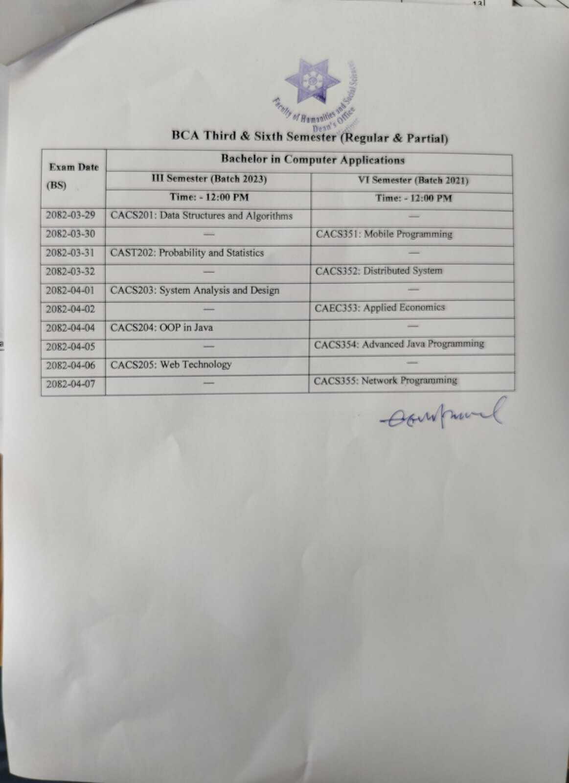 BCA 3rd and 6th Semester Exam Center - TU FoHSS