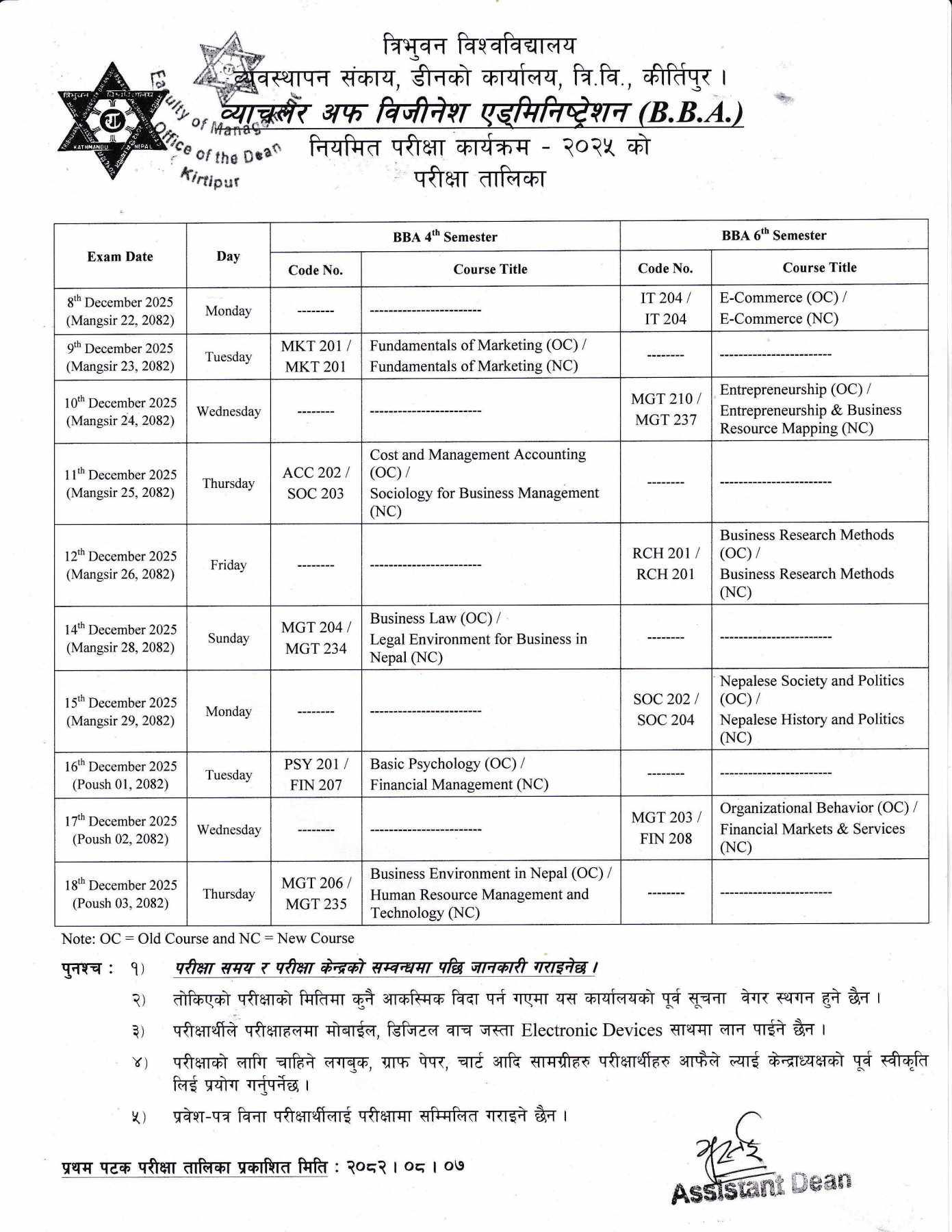 Exam Routine of Tribhuvan University BBA 4th and 6th Semester has been Published 2025